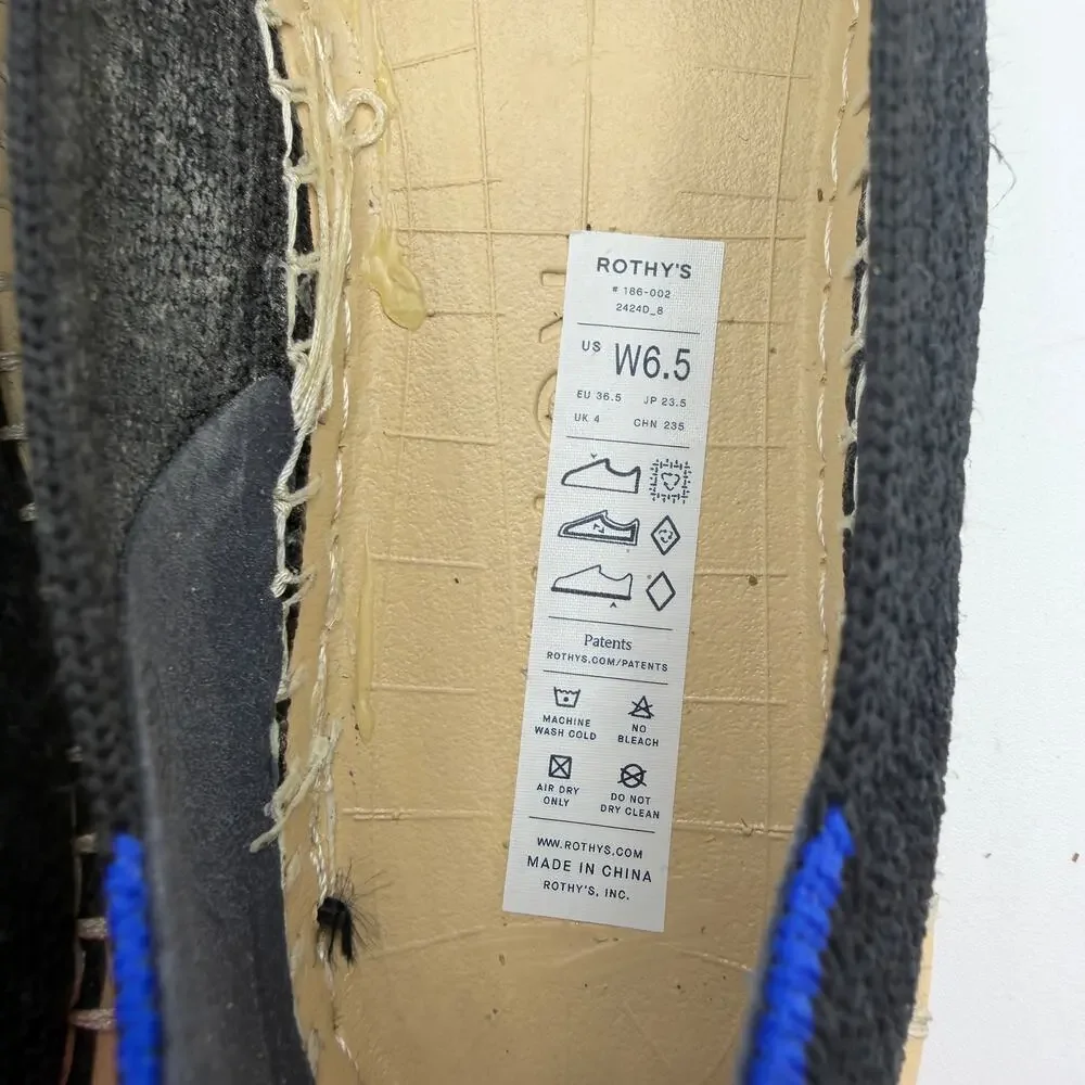 Rothy’s The Espadrille Flat in Black Boardwalk Knit Size 6.5 Jute Sole Slip On